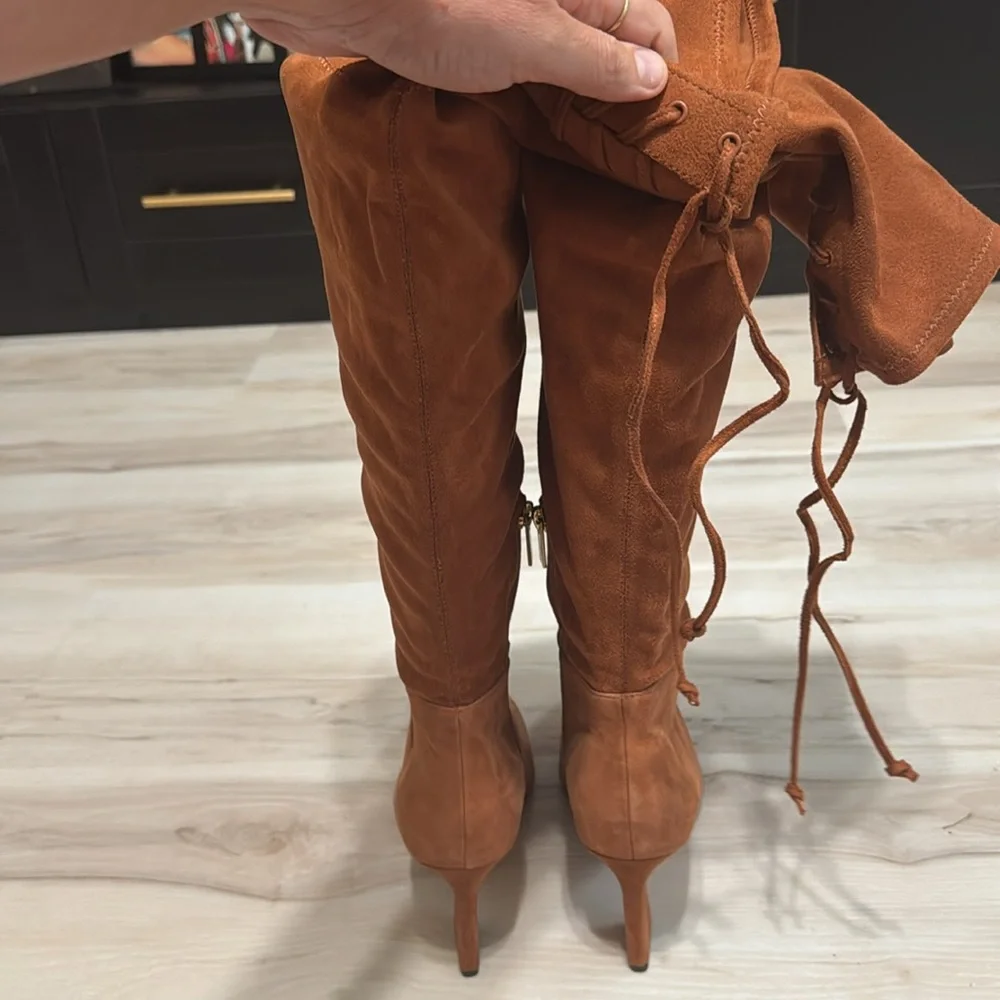 Vince Camuto Taplana Over The Knee Boots 7.5 Cognac Suede Pointed Toe Unworn